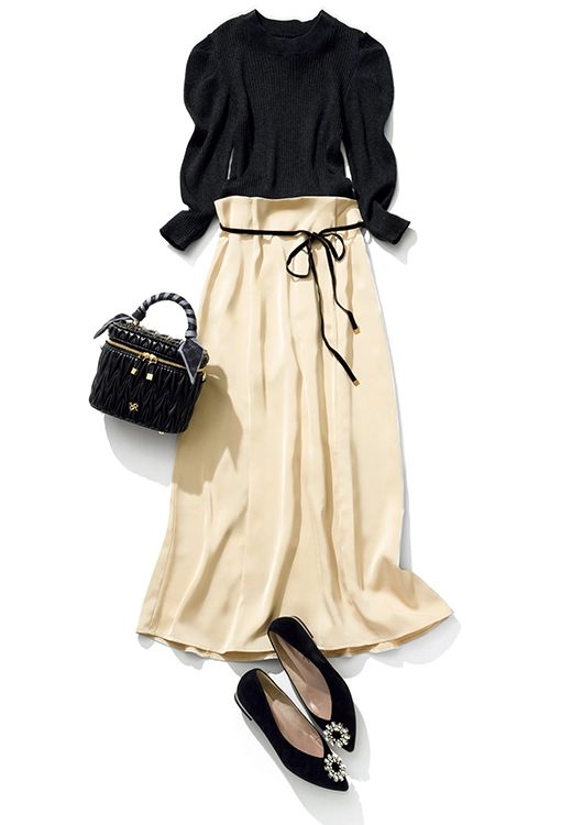 モノトーンのニットとスカートのコーデ
