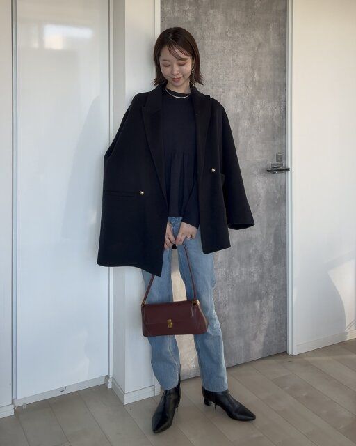 GUペプラムニットプルオーバーのデニムコーデ アウター