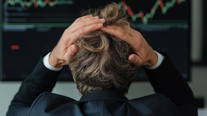 モニターの前で頭を抱える男性