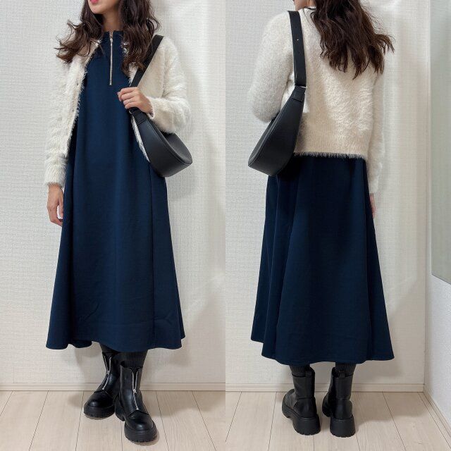 GUシャイニークルーネックカーディガンのワンピースコーデ