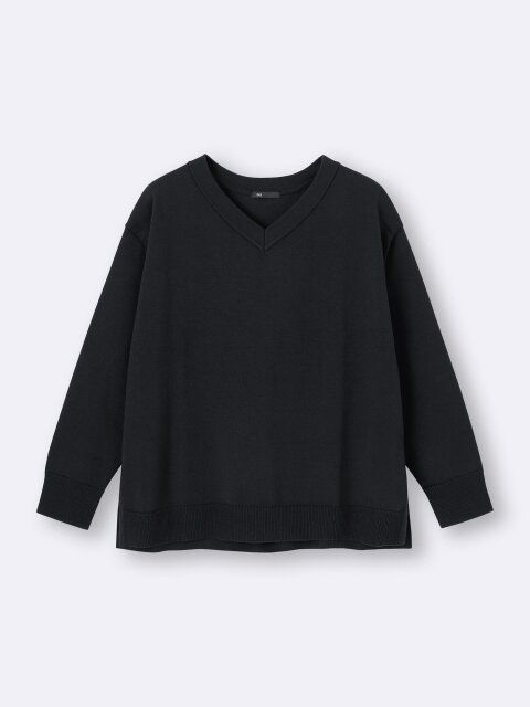 2025gu大人女性おすすめ黒オーバーサイズVネックニットプルオーバー