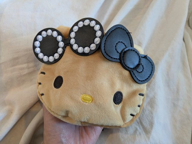 手に持った日焼けキティのぬいぐるみ（サイズ感がわかる写真）