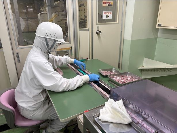 銀紙に包まれたキューブを目視でチェックしていくスタッフ