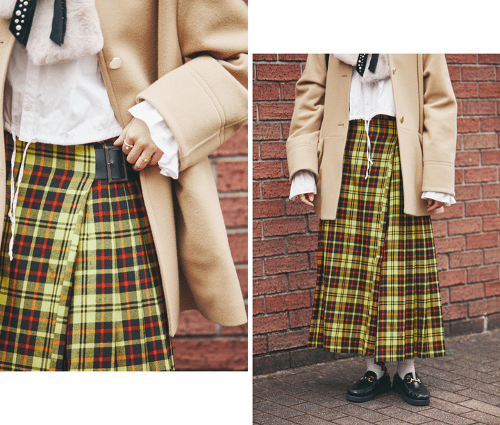 冬コーデの鮮度をアップする、イエローを基調としたチェック柄スカートを愛用中【FUDGE dig.｜お洒落な人は「チェック柄スカート」をどう着こなす？ 01 FUDGE FRIEND Maruru】
