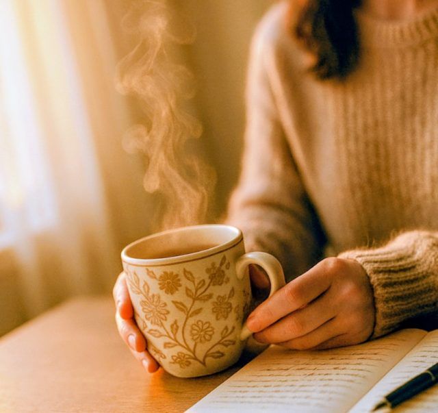 コーヒーを持ち手帳を開く女性