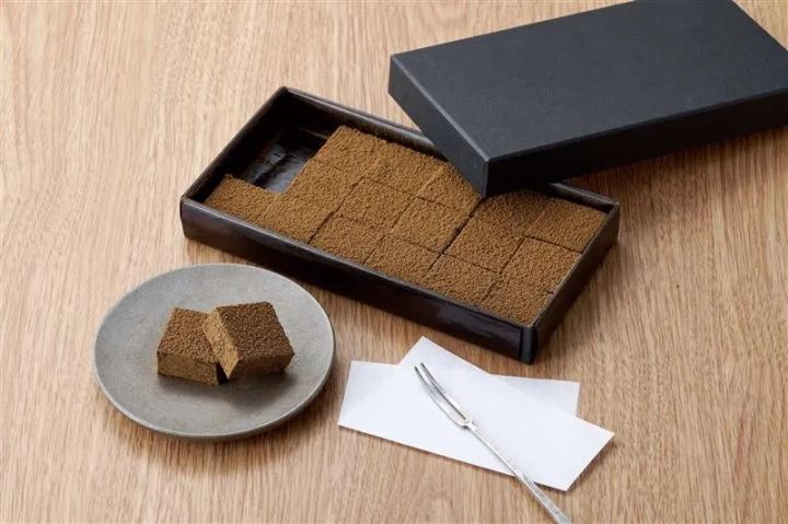 チョコレート菓子が写っている画像です。箱に入ったチョコレートと、お皿に載ったチョコレート、フォークと紙が写っています。