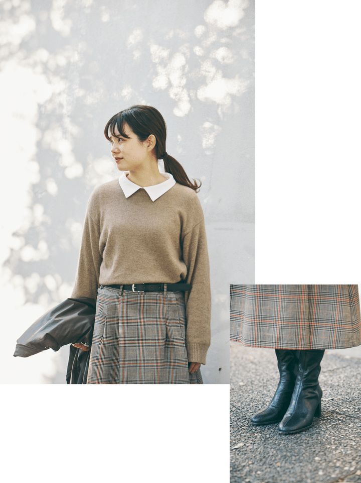 大人のチェック柄スカートはどう着る？クラシックなムードで合わせよう【FUDGE dig.｜お洒落な人は「チェック柄スカート」をどう着こなす？ 03 マザーズインダストリーPR 吉井琴波さん】