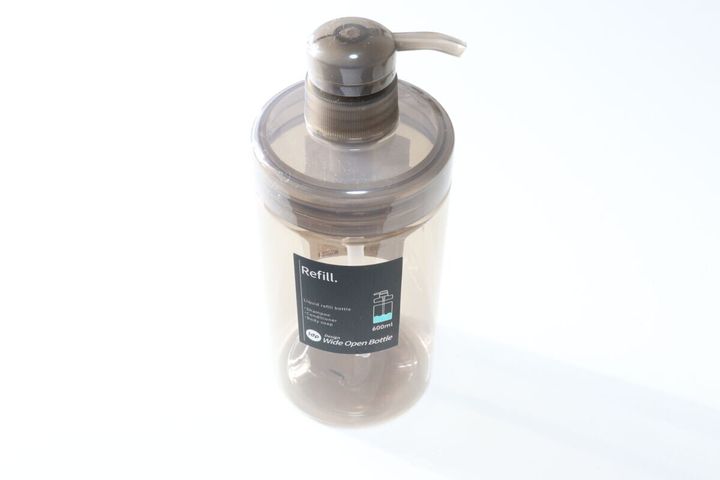 1dp広口ポンプボトル600ml丸アンバー パッケージ