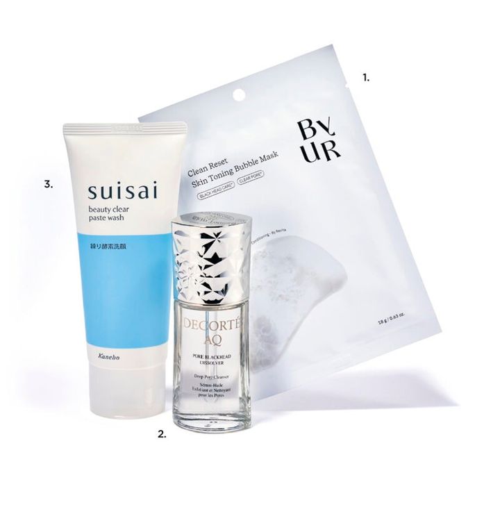 1.バイユア クリーンリセット スキントーニング バブルマスク 1枚入り ¥396（Hamee） 2.AQ 毛穴美容液オイル 40mL ¥11,000（コスメデコルテ） 3.スイサイ ビューティクリア ペーストウォッシュ 120g ¥1,430〈編集部調べ〉（カネボウ化粧品）