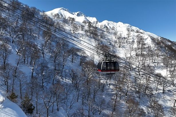 【写真】雪景色の中を空中遊覧するロープウェイ