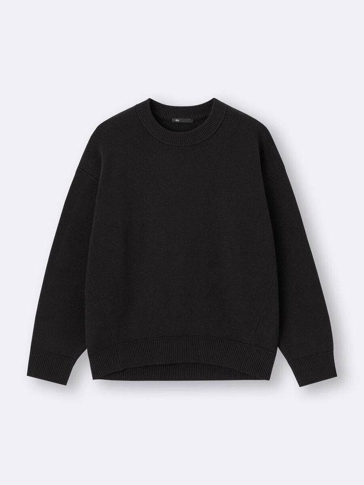 2025guレディース黒スウェットライクニットオーバーサイズプルオーバー