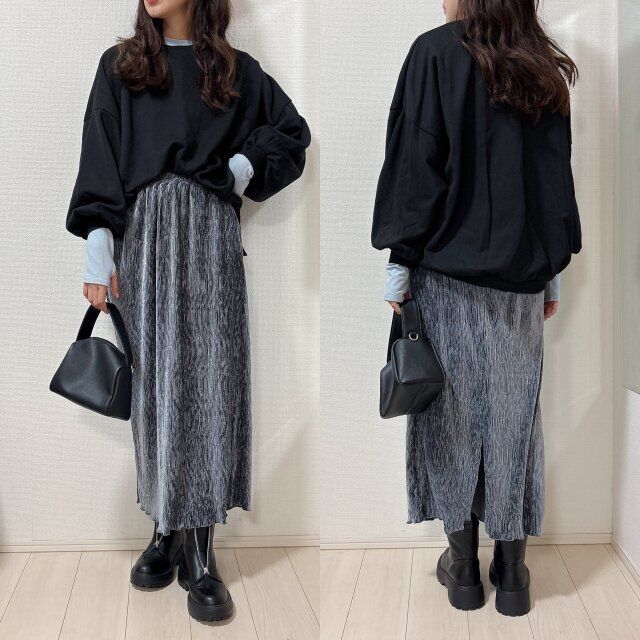 GUウォームスムースクルーネックTのスウェットレイヤードコーデ