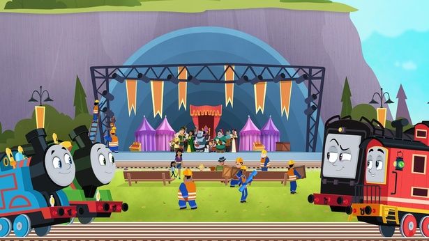 音楽祭のステージ。機関車たちが見守る中、さまざまなパフォーマーが大集合