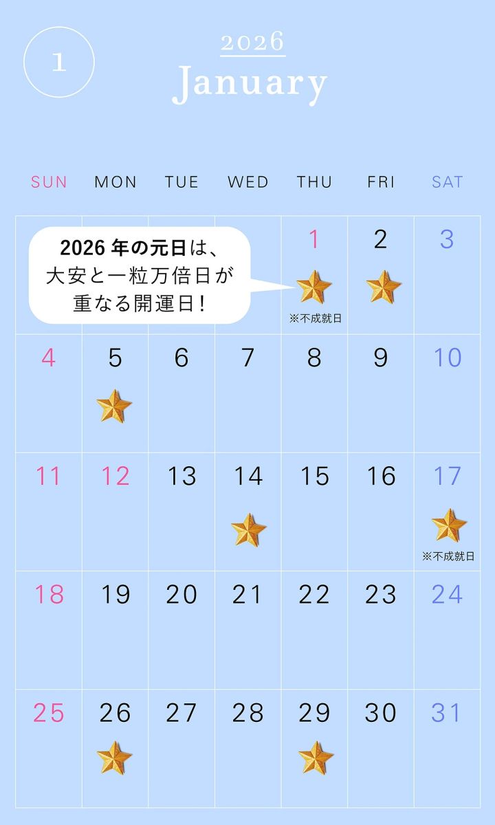 2026年の一粒万倍日カレンダー 2026年1月 開運 吉日 