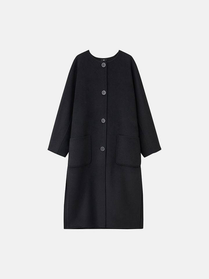 PLSTのウールブレンドリバーカラーレスロングコート