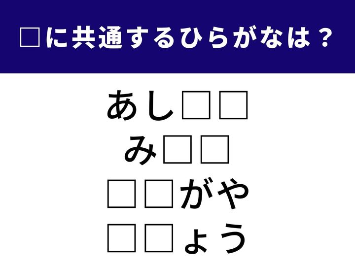4つの言葉の空欄に共通して入る「2文字のひらがな」を当てる脳トレクイズです。お祭りの主役や、日々の健康のバロメーター、そしておなじみの地名がヒント。1分以内にすべてを完成させてみましょう。