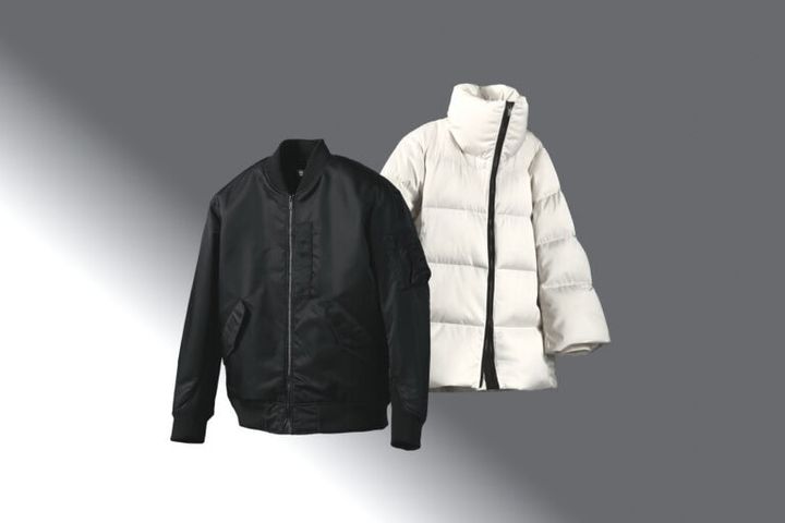 ダウンボリュームジャケット ￥17,900、ハイブリッドダウンオーバーサイズMA-1 ￥14,900