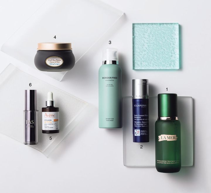 〈ラ・メール〉ザ・バランシング トリートメント ローション、〈クラランス メン〉フェルムテ フリュイド、〈アベンヌ〉ラディアンス セラム、〈ボーダーフリーコスメティクス〉ブライトCO2フェイスパック、〈FAS〉ザ ブラック リフトアイクリーム