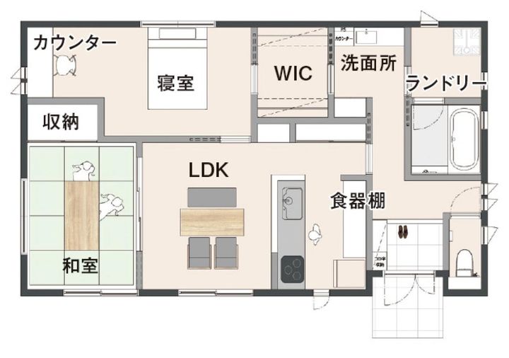 以前のマンションより20平方メートル（約12畳）ほどコンパクトにした現在の住まい。部屋数は最小限でも、洗面所と脱衣所（ランドリー）が独立していたり、通り抜けできるウォークインクローゼット（WIC）があったりと、暮らしやすい間取りに。