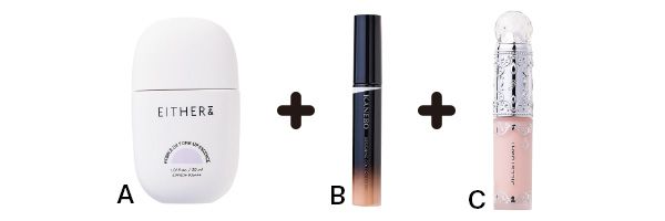 【A】EITHER＆のラベンダー下地 ＋ 【B】カネボウのオレンジコンシーラー ＋ 【C】ジルスチュアートのピンクコンシーラー