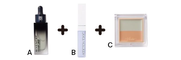 【A】ジバンシイのグリーン下地 ＋ 【B】アディクションのブルーコレクター ＋ 【C】ヴィセのグリーンコンシーラー