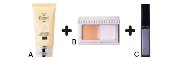【A】エレガンスのイエロー下地 ＋ 【B】アルビオンのオレンジコンシーラー ＋ 【C】ケイトのブルーコンシーラー