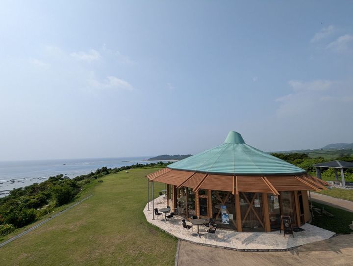 あやまる岬観光公園の芝生にある ユニークな形の建物はガジュマルをイメージしている。