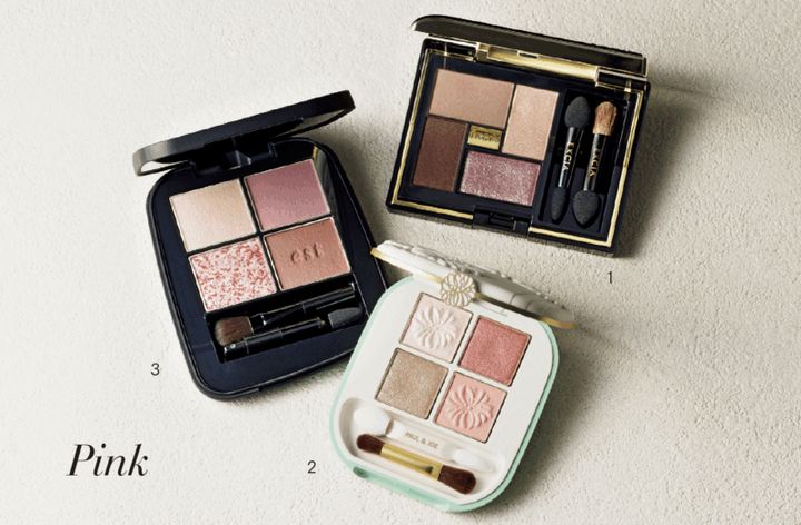 1. カサつきがちなまぶたにつけても粉っぽくならず、なめらかになじむ。エクシア アイカラー ヴォロンテ 08 ¥6,600 ／アルビオン 2.ピンク系ながら彩度を抑えたシックな発色で使いやすい。繊細なパール感が、目元に立体感をプラスする。ポール＆ ジョー アイデザイン パレット 09 ¥5,500／ポール ＆ ジョー ボーテ 3.透明感のある発色で、柔らかい印象に。エスト トランスフィア アイカラーEX02 ¥6,490（限定発売）／エスト