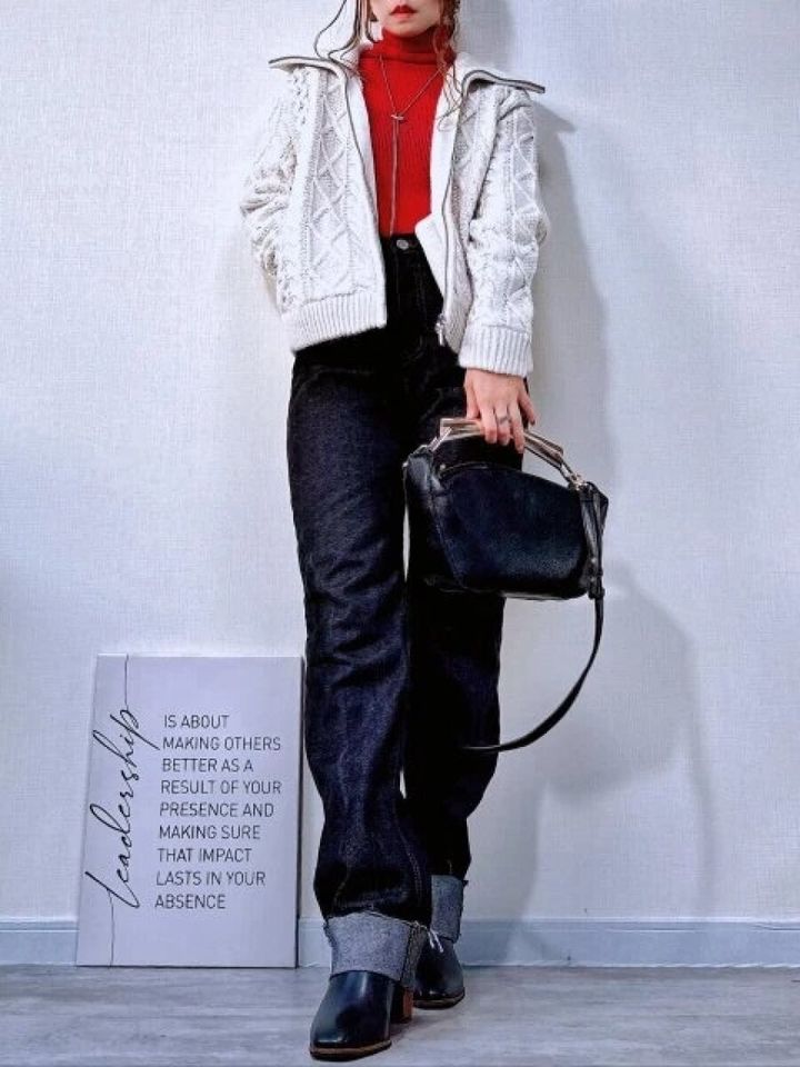 gu大人女性おすすめケーブルニットブルゾンお手本コーデ