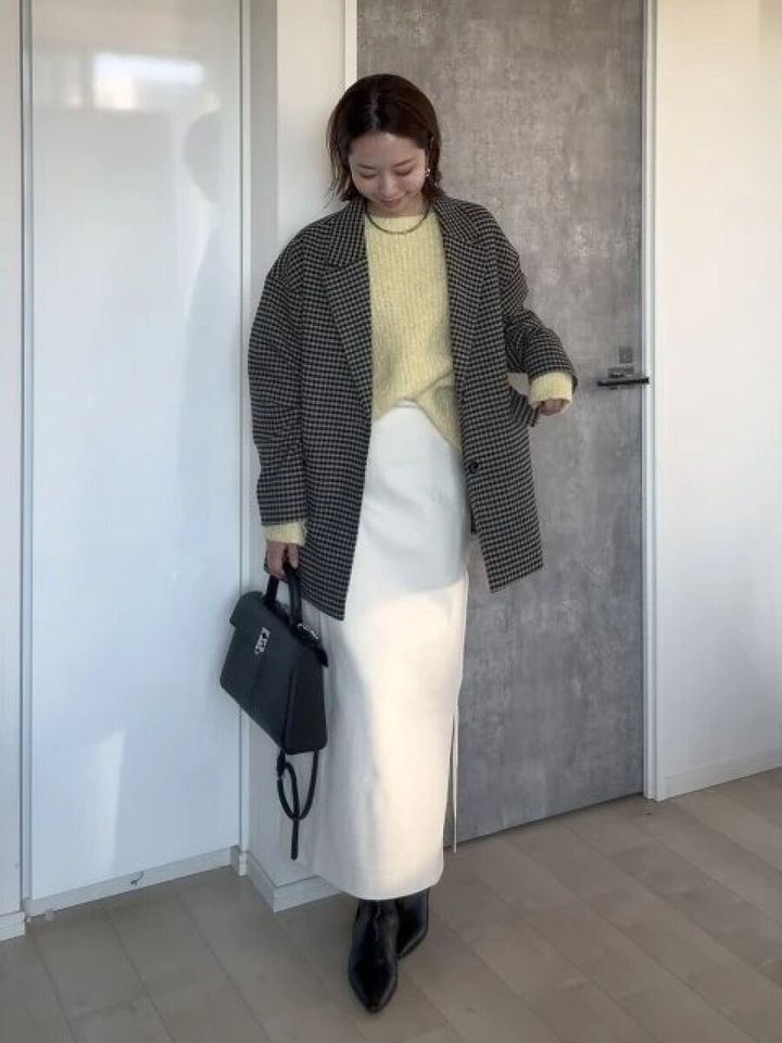 gu大人女性おすすめコージーメルトンチェックハーフコートお手本コーデ