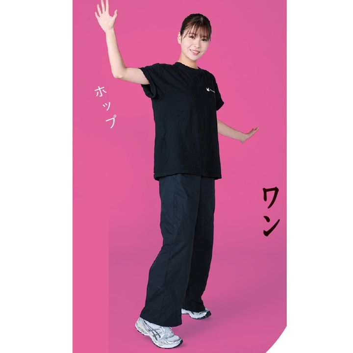 1、かかとをつけずに右足を一歩前に踏み込み、両手はパーで右腕を斜め上、左腕を斜め下へ。