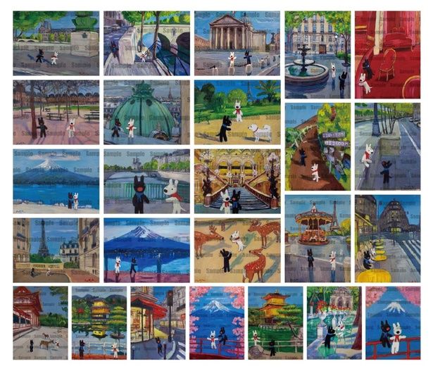 今回展示される25点の原画。パリから日本まで、リサとガスパールが世界を旅する作品群