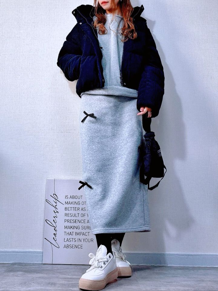 GUウォームパデッドコーデュロイブルゾンとスウェットセットアップコーデ