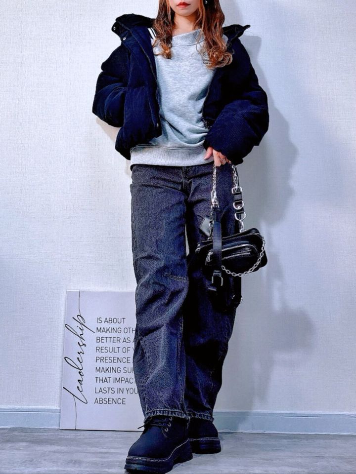 GUウォームパデッドコーデュロイブルゾンのメンズライクコーデ