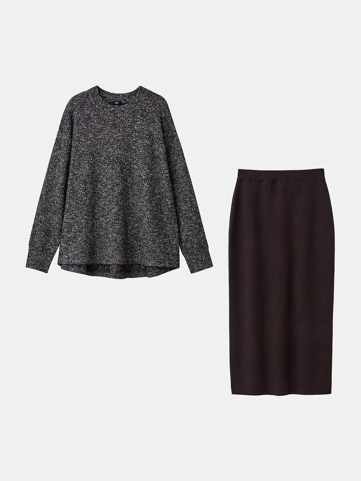 PLSTのミックスヤーンペプラムニットセットアップ