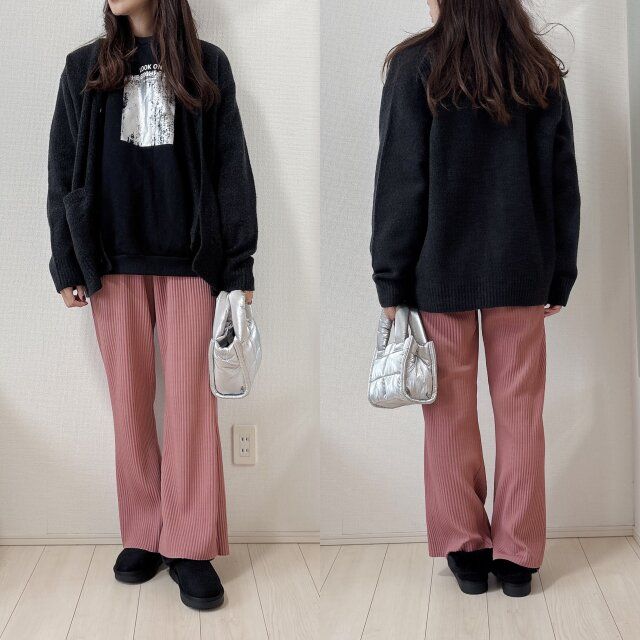 GUパフニットVネックカーディガンとリブパンツコーデ