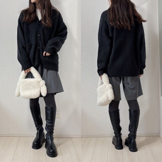 GUパフニットVネックカーディガンとショートパンツコーデ