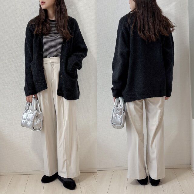 GUパフニットVネックカーディガンとワイドパンツコーデ