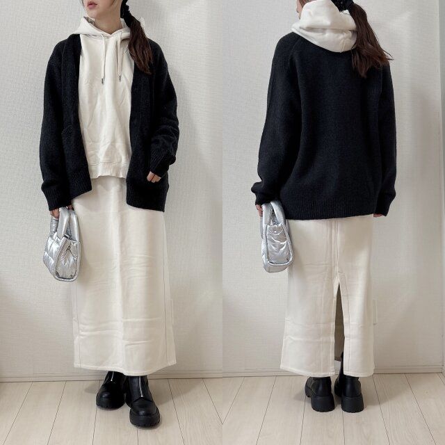 GUパフニットVネックカーディガンとスウェットセットアップコーデ