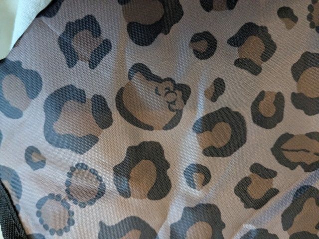 ヒョウ柄生地のアップ（キティ・パールサングラス・リップのモチーフが隠れた総柄）