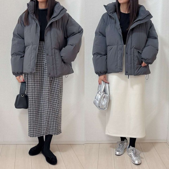 GUウォームパデッドスタンドブルゾンのツイードスカートNGコーデ