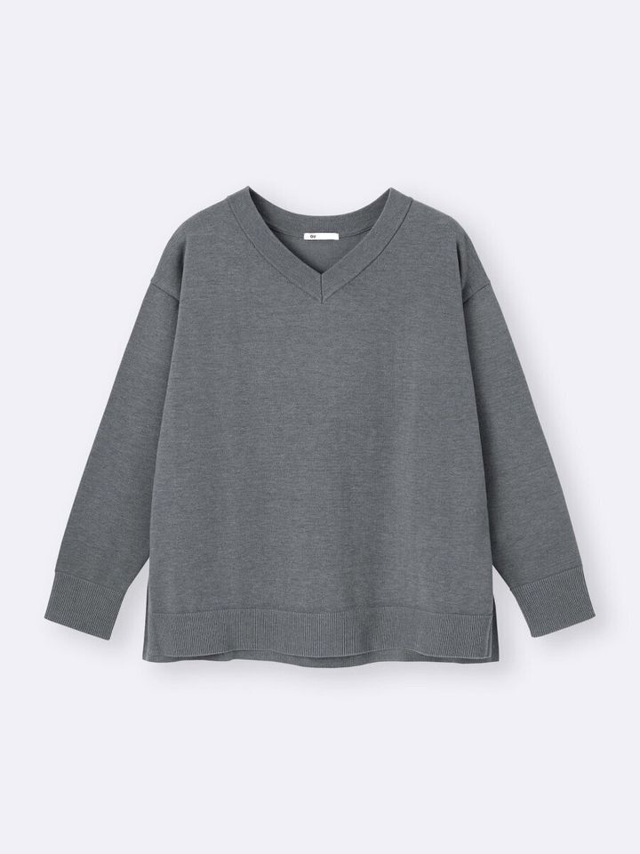 2026guレディースグレーオーバーサイズVネックニットプルオーバー