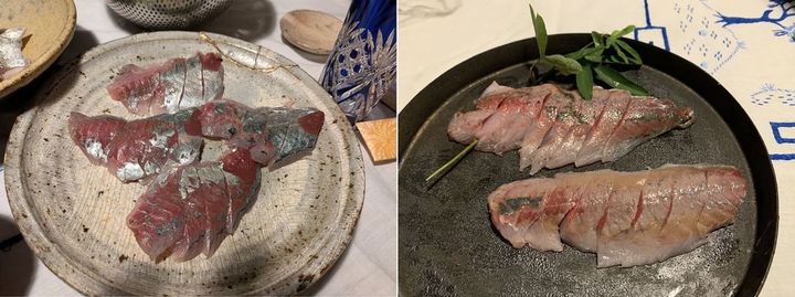 写真左）メアジの刺身。マアジよりもさっぱりした味わいで食感は強め。生姜醤油が合います／写真右）ムロアジの刺身は柔らかくて少しクセがあります。青唐辛子醤油との相性がバッチリでした