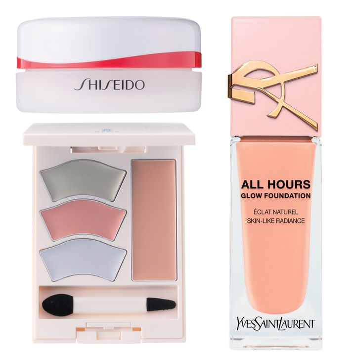 左上：SHISEIDO エッセンス スキンセッティング パウダー 02、左下：コーセー 雪肌精 BLUE メルティ マイ カラー バランサ ー、右：イヴ・サンローラン・ボーテ オールアワーズ リキッド グロウ