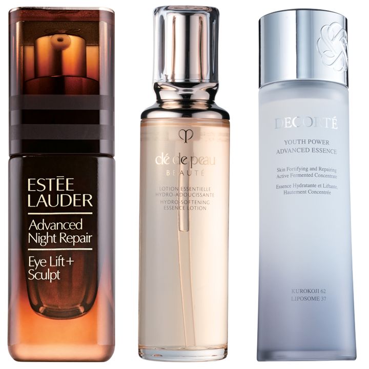 左から、エスティローダー アドバンス ナイト リペア LS アイ セラム、クレ・ド・ポー ボーテ ローションエサンシエルA（モイスト）、コスメデコルテ ユース パワー エッセンスローション