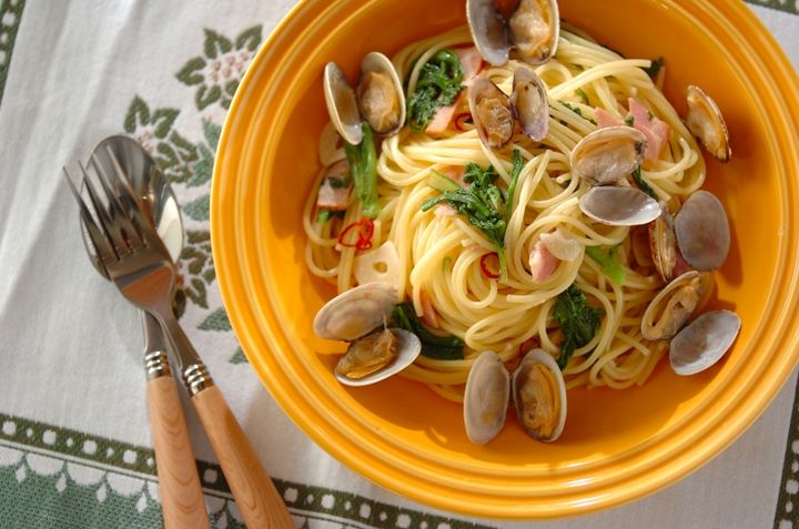 春菊とアサリのパスタ