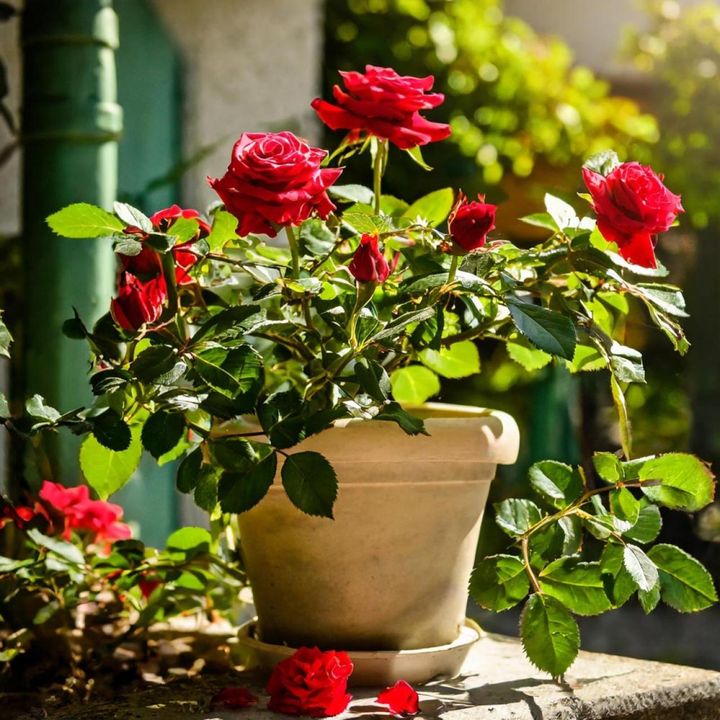 ミニバラの鉢植え。素焼き鉢が乾きやすい場合、土に保水性のあるピートモス（水で湿らせてから使う）を混ぜるとよいでしょう。