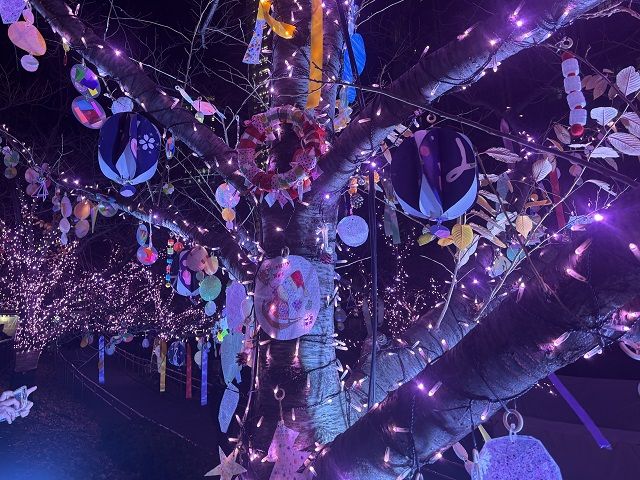 廃材で作られた色とりどりのオーナメントが飾られたイルミネーション