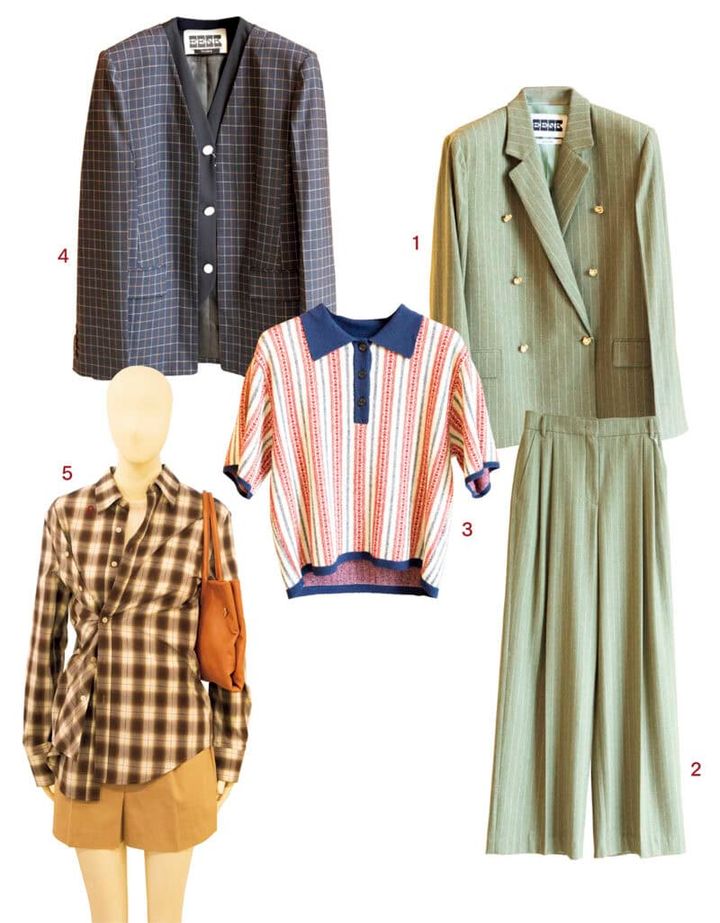 1･2.お花のような金ボタンがついたジャケット（₩798,000）と、ワイドシルエットが美しいパンツ（₩598,000）。グレー寄りの落ち着いたよもぎ色とチョークストライプが上級者風。3.チロリアンテープのようなストライプがユニークなポロニット（₩398,000）。4.カーデ感覚で羽織れるノーカラージャケット（₩798,000）。5.ボタンの留め方で着方をトランスフォームできるユニークなチェックシャツ（₩498,000）。