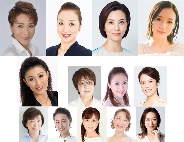 朗読歌劇『心中・恋の大和路』 - 近松門左衛門「冥途の飛脚」に出演する（上段左から）瀬戸内美八、南風舞、壮一帆、愛加あゆ、（中段左から）日向薫、未沙のえる、未来優希、彩吹真央、（下段左から）美郷真也、寿つかさ、羽純るい、久路あかり、和海しょう width=